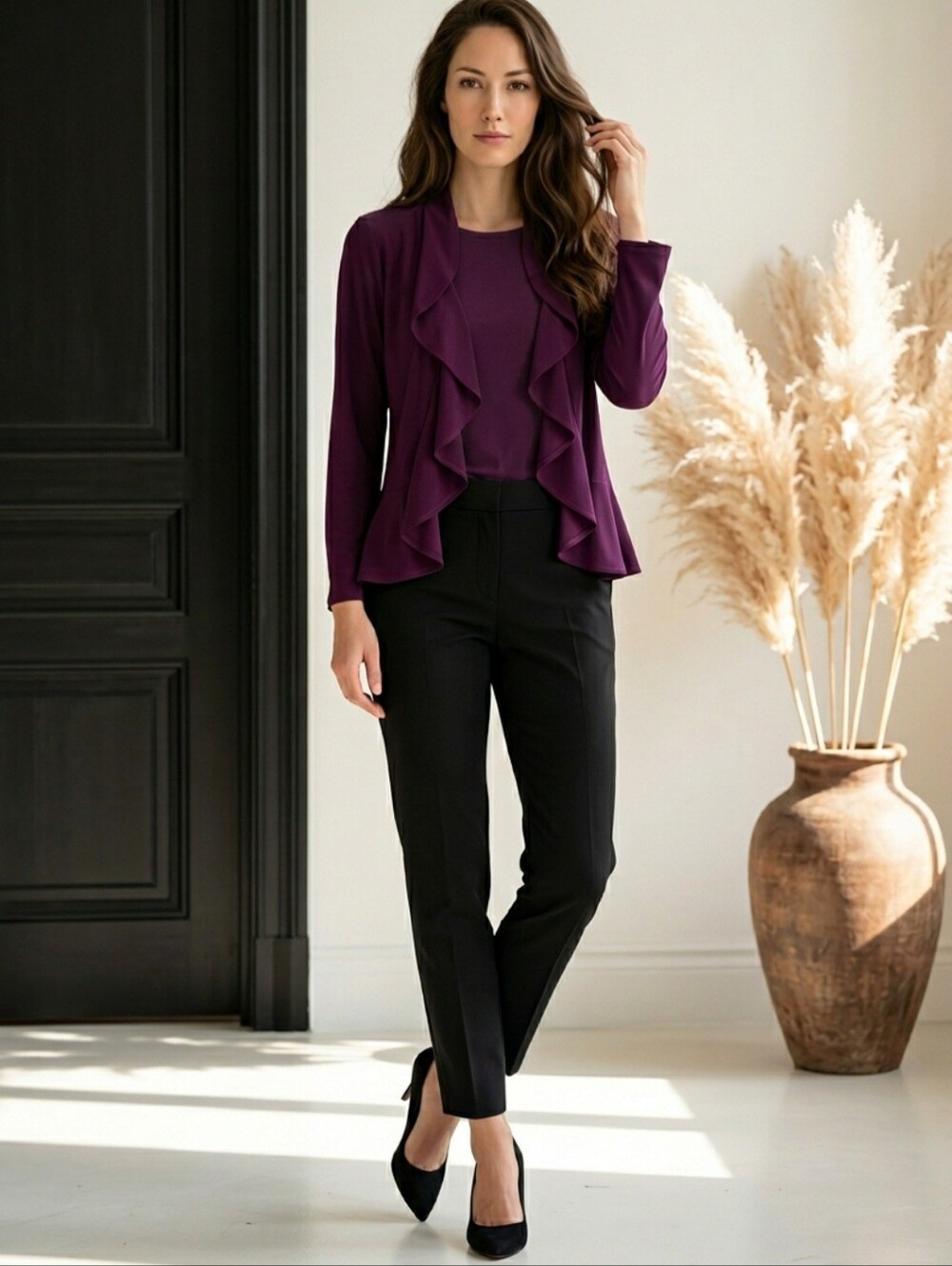 Burgundy Open-front cardigan with mesh and ruffles detail.